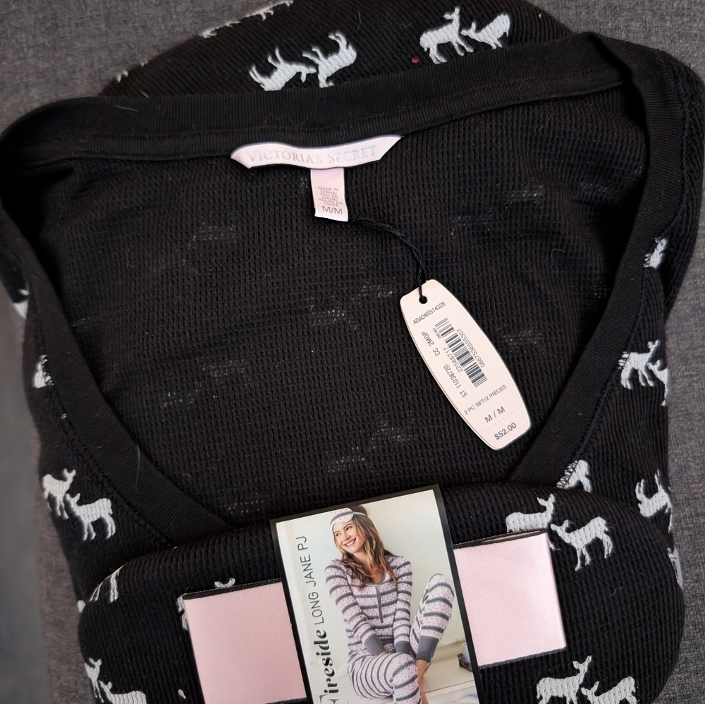 Victoria's Secret Foreside Thermal Black Pajama Set with White Patterns